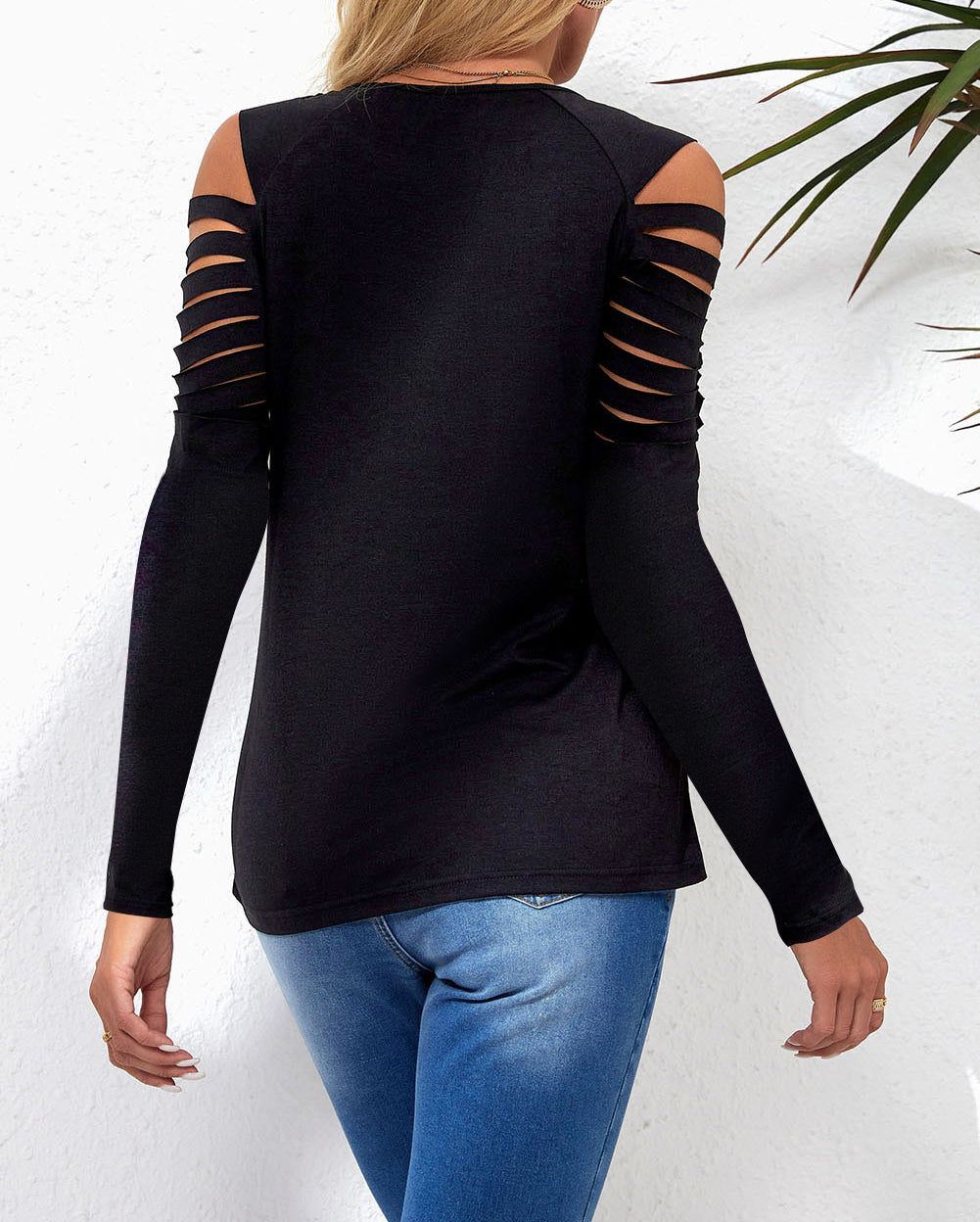 Black Mesh Patch Ripped Long Sleeve Top