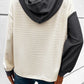 Waffle Colorblock Buttons Placket Drop Shoulder Drawstring Hoodie