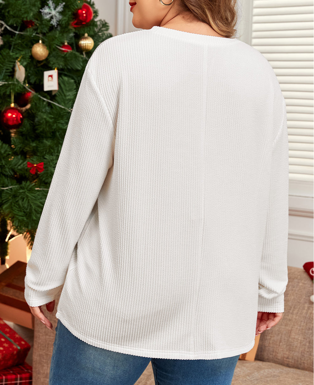 Plus Size Ribbed Textured Long Sleeve T Shirt