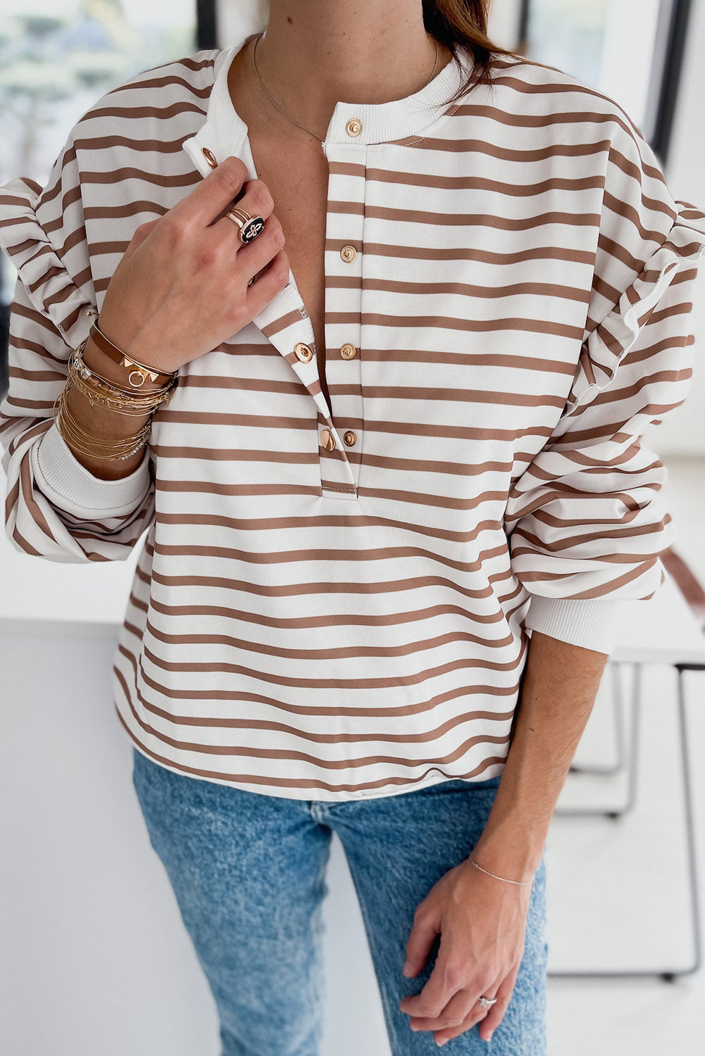 Striped Ruffled Sleeve Buttoned Half-Placket Top