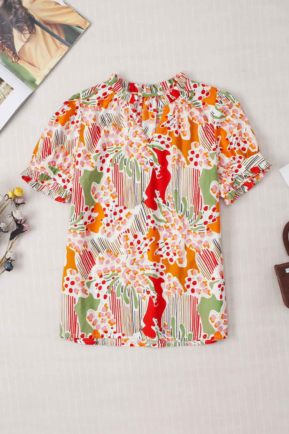 Floral Print Button Frilled Short Sleeve Blouse
