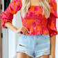 Floral Puff Half Sleeve Square Neck Smock Peplum Blouse