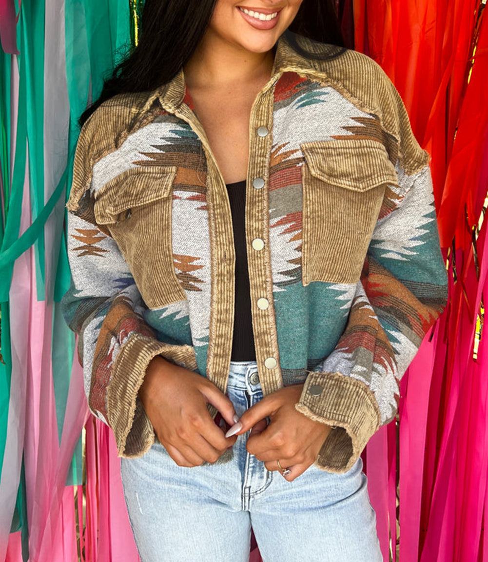 Western Pattern Patchwork Flap Pocket Shacket