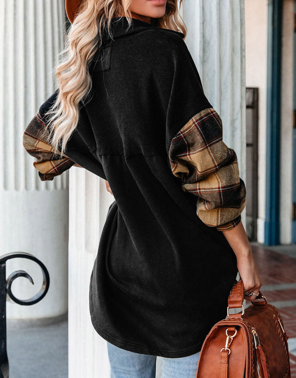 Plaid Patchwork Chest Pockets Oversized Shirt Jacket