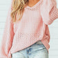 Loose Pointelle Knit Ribbed V Neck Sweater