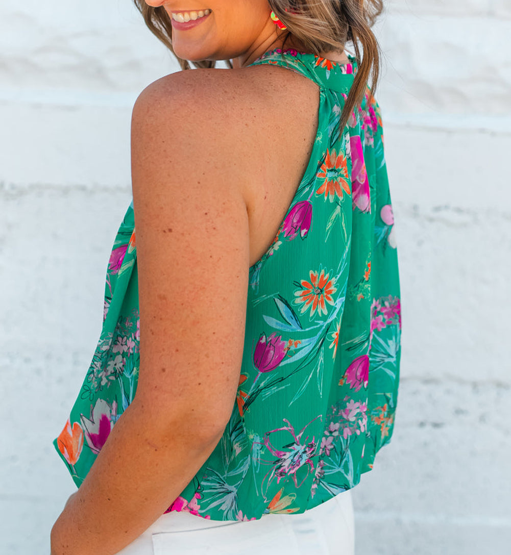 Floral Print Buttoned Neckline Tank Top