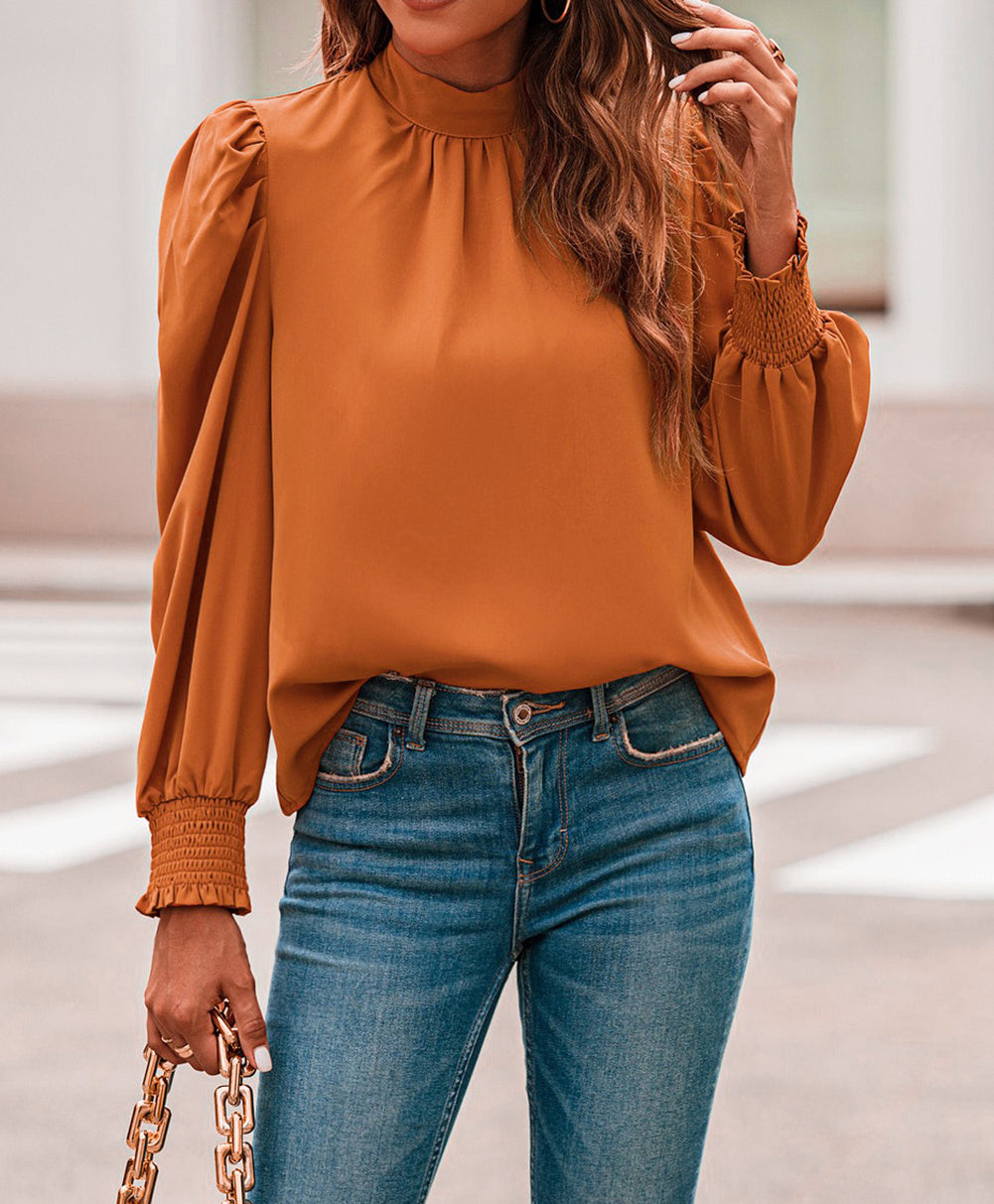 Long Bubble Sleeve Mock Neck Chiffon Blouse