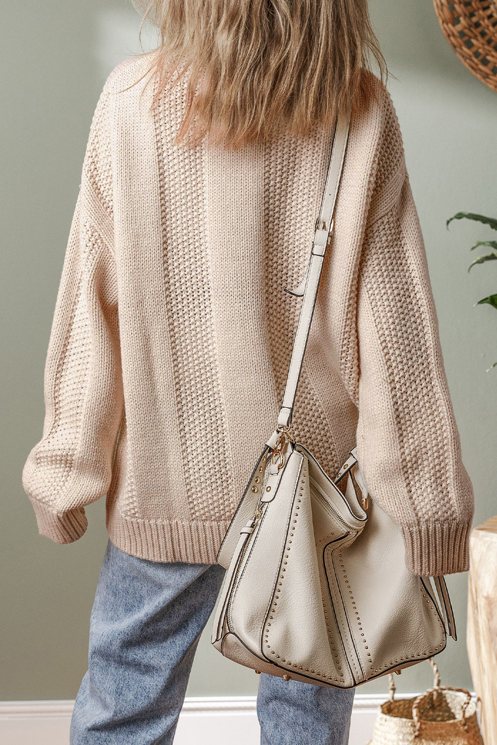 Solid Color Cable Knit Ribbed Loose Sweater