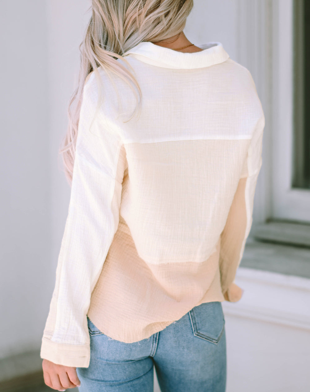 Color Block Buttoned Raw Hem Textured Shirt