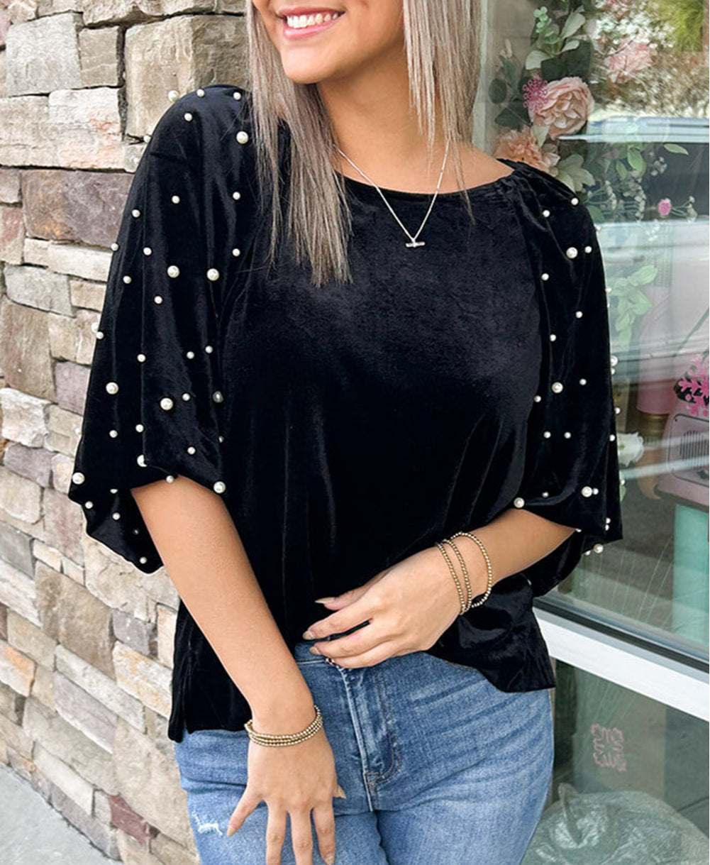 Pearl Beaded Half Sleeve Velvet Top