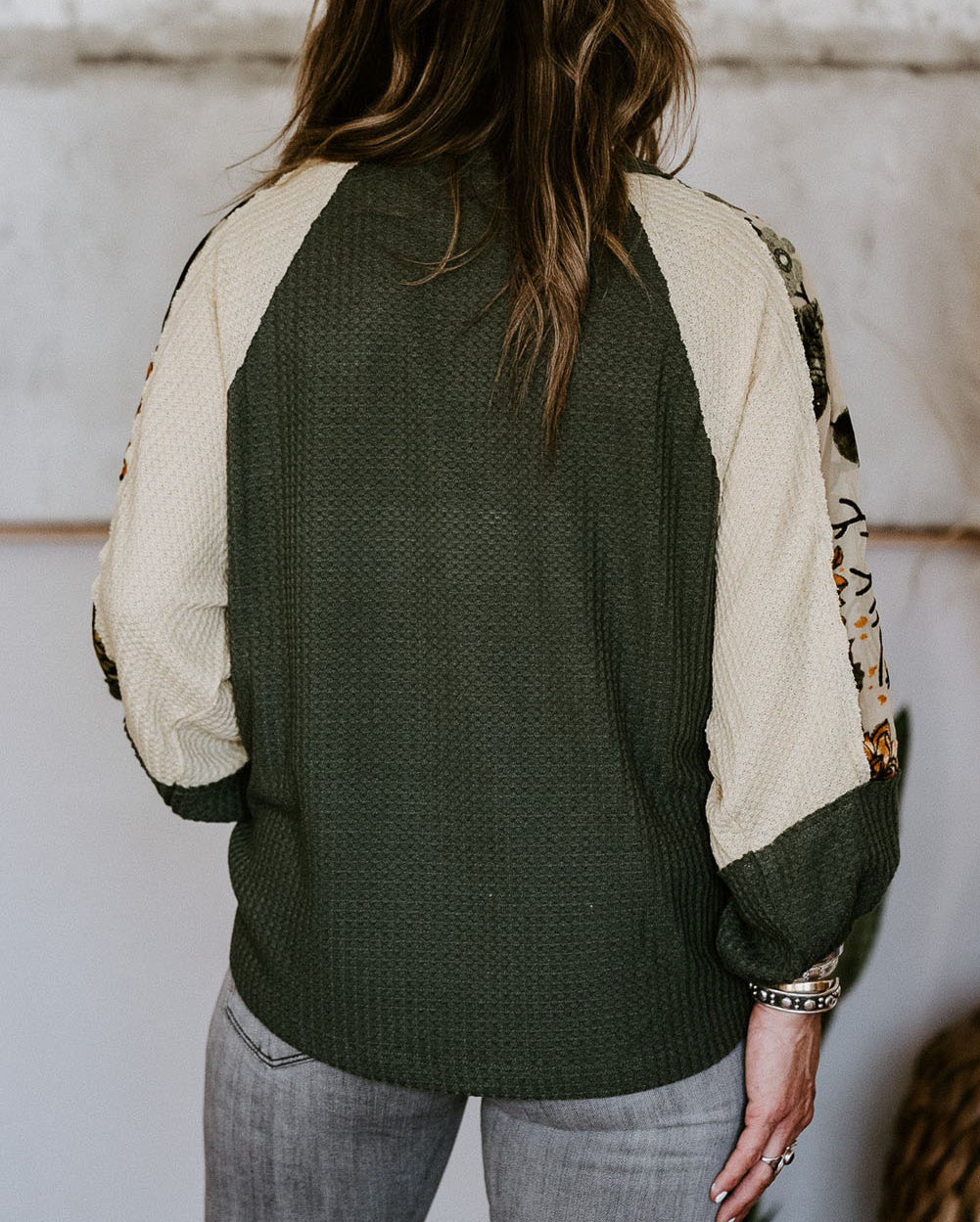 Plus Size Floral Raglan Colorblock Patchwork Knit Blouse