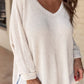 Waffle Knit Side Slits Loose Fit V Neck Top