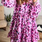 Leopard Print Buttoned Front 3/4 Sleeve Tiered Ruffled Hem Dress