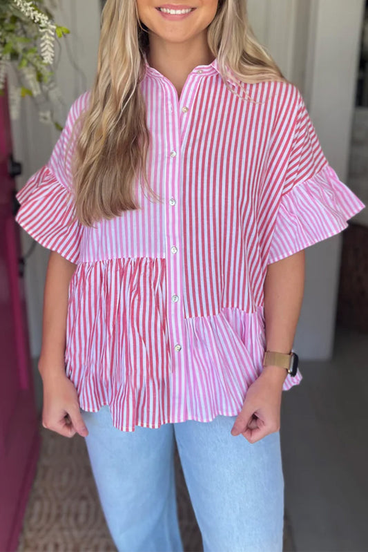 Stripe Striped Patchwork Ruffled Hem Button up Shirt