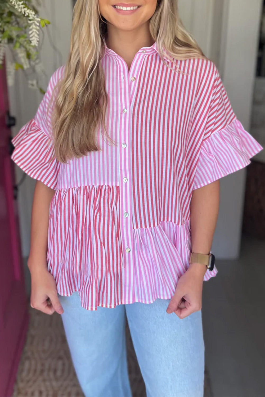 Stripe Striped Patchwork Ruffled Hem Button up Shirt