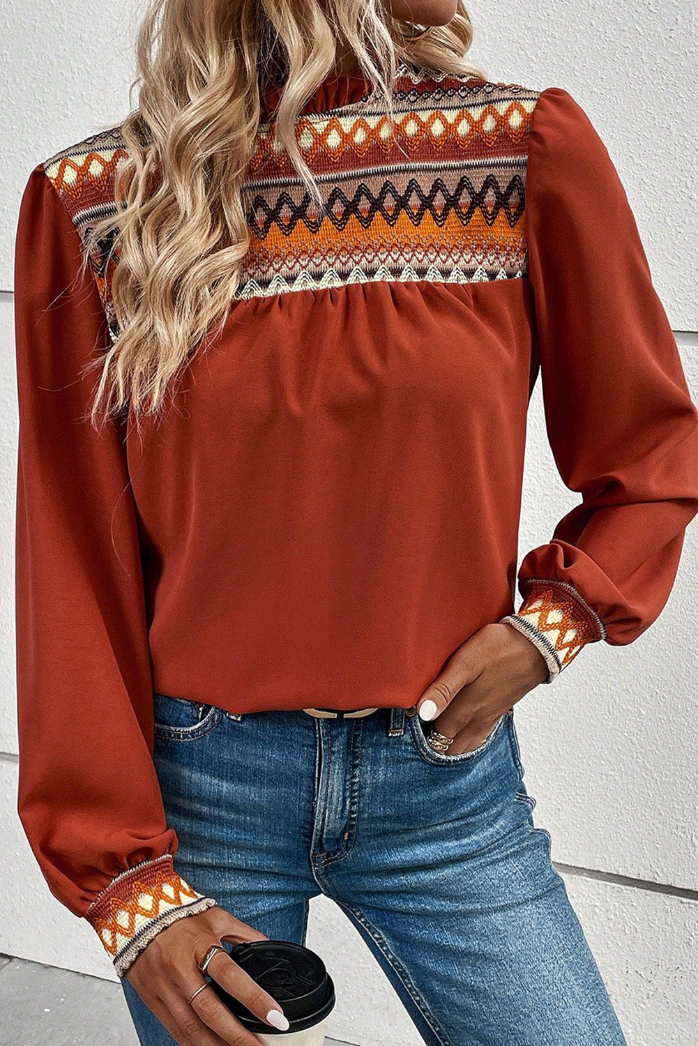 Clay Western Geometric Print Bubble Sleeve Frilled Neck Blouse