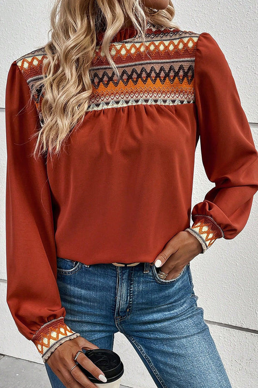 Clay Western Geometric Print Bubble Sleeve Frilled Neck Blouse