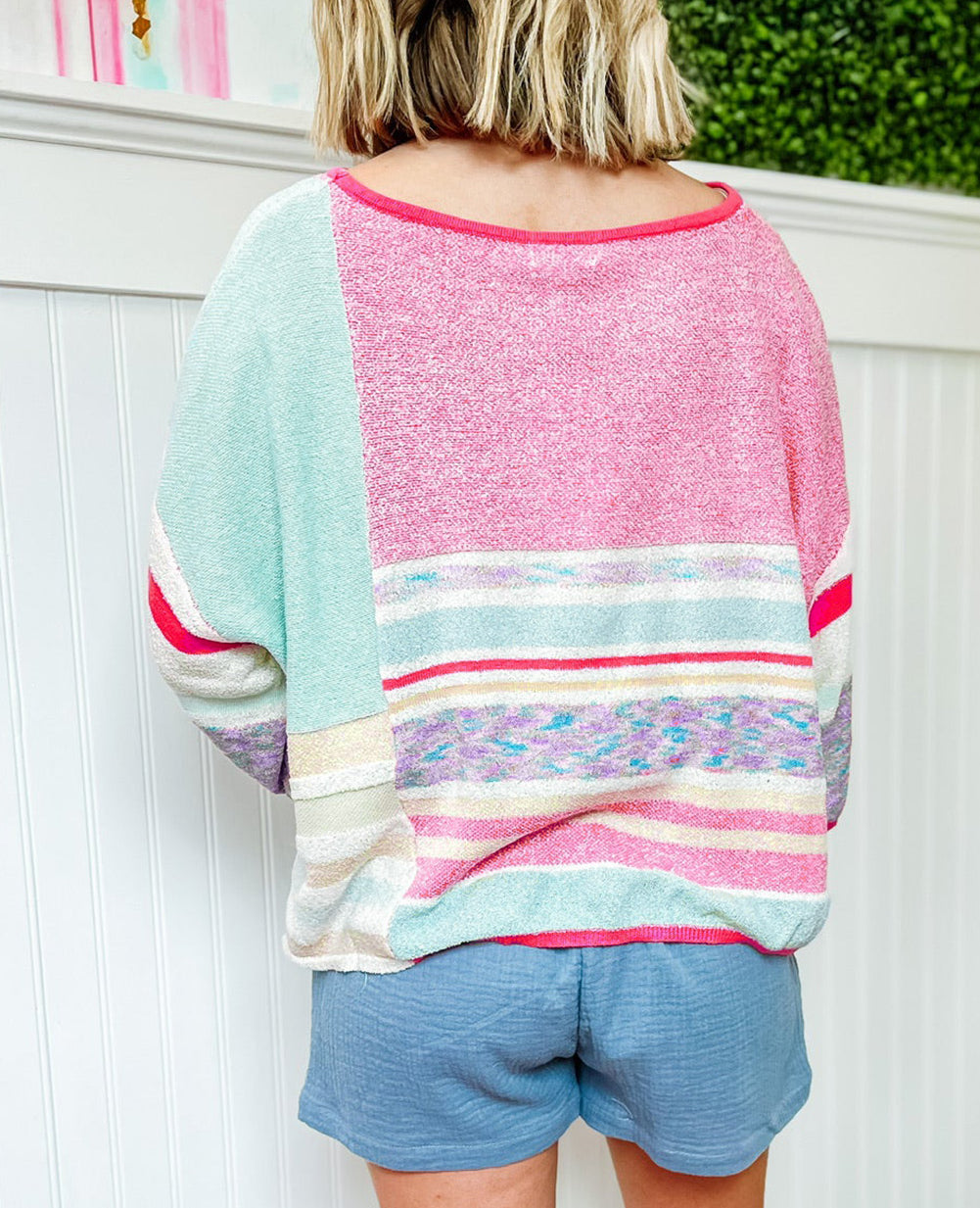 Color Block Striped Three-Quarter Sleeve Knitted Top