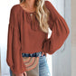 Lantern Sleeve Stripe Tassel Drawstring Blouse