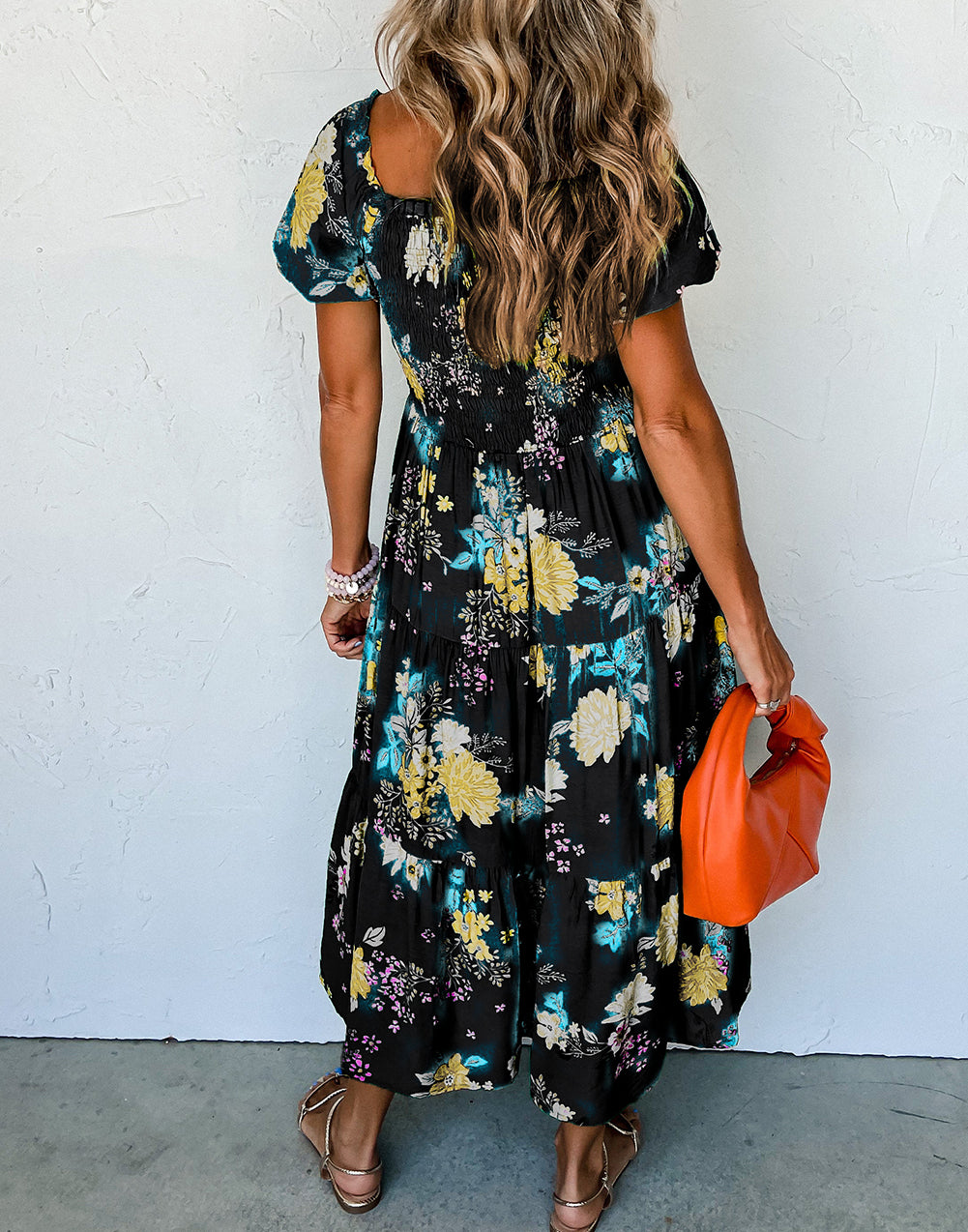 Floral Print Bubble Sleeve Smocked Tiered Midi Dress