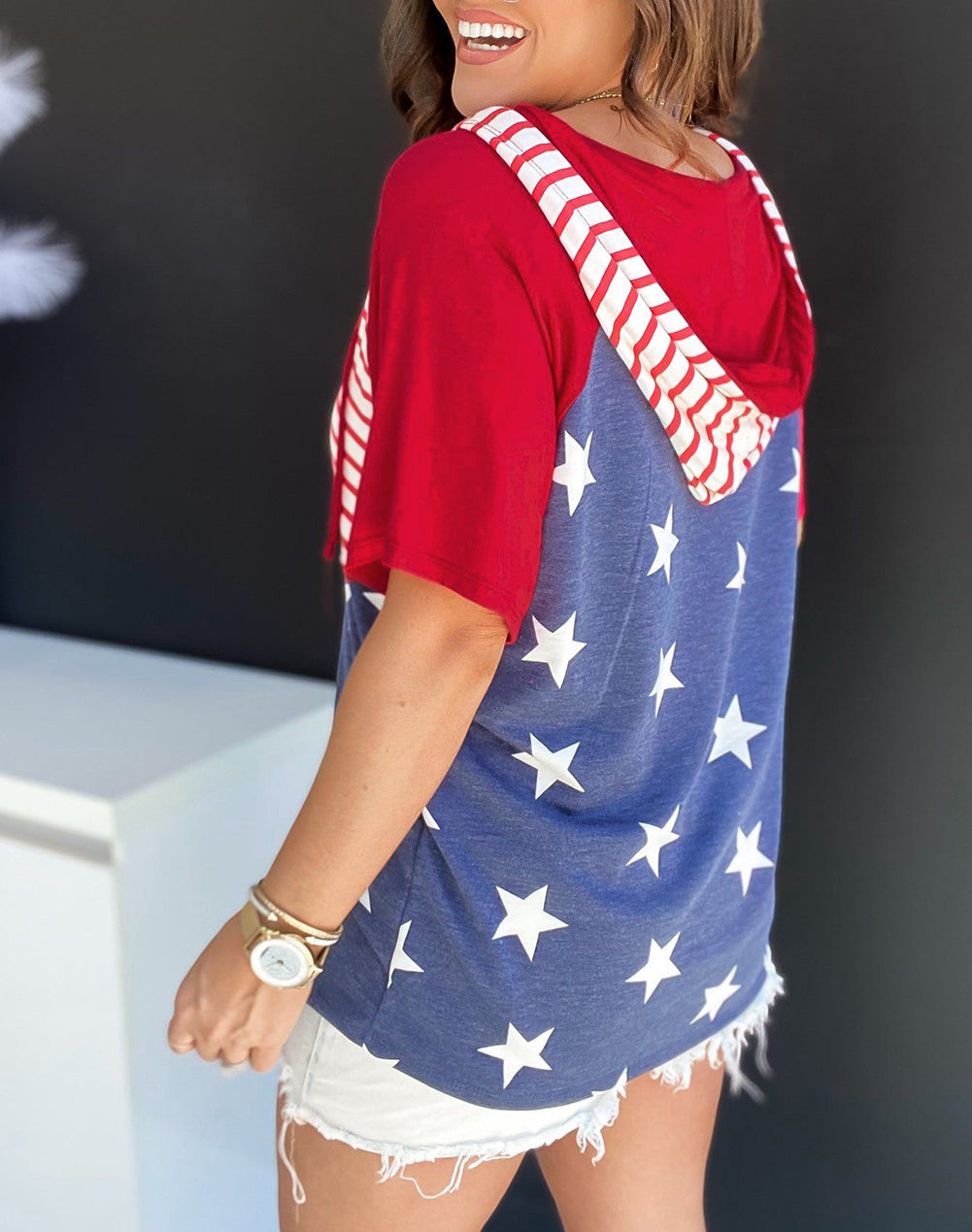 Stars and Stripes Print Drawstring Hooded T Shirt