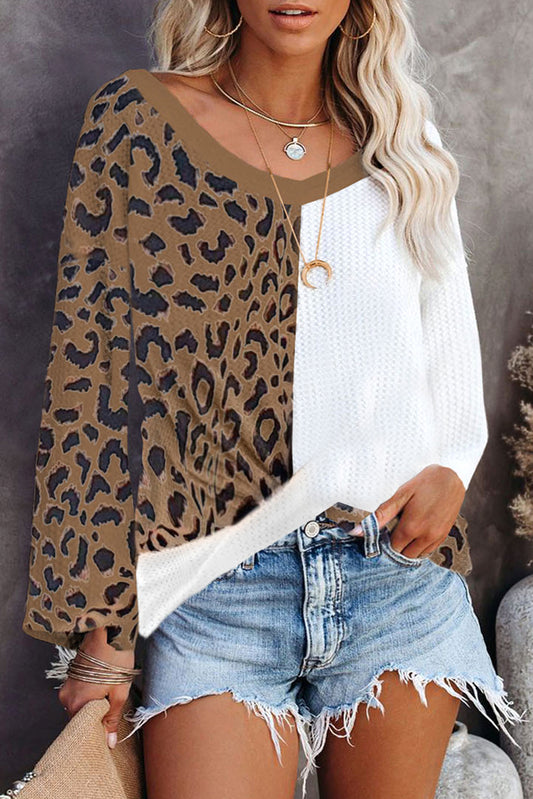 Leopard Contrast Waffle Knit Twist Hem V Neck Top