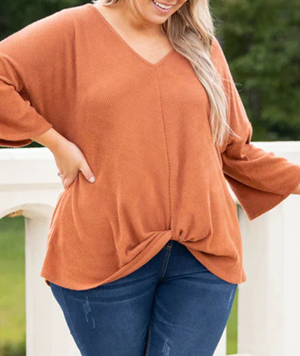 Plus Size Twist Hem Bracelet Sleeve Ribbed Top