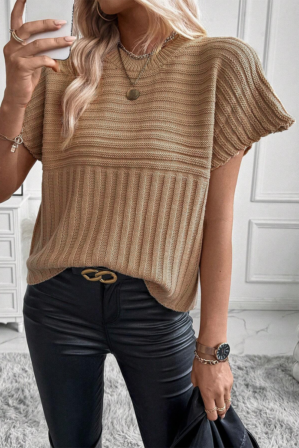 Rib Knitted Wide Sleeve Sweater T Shirt