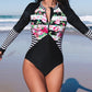 Floral Striped Patchwork Rashguard One-piece Swimsuit