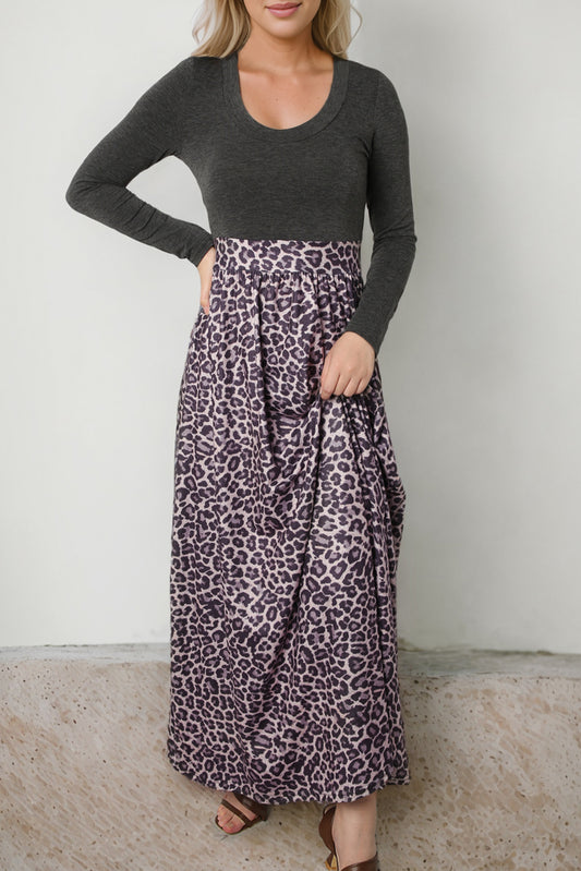 Long Sleeve Fitted Bodice Leopard Maxi Dress