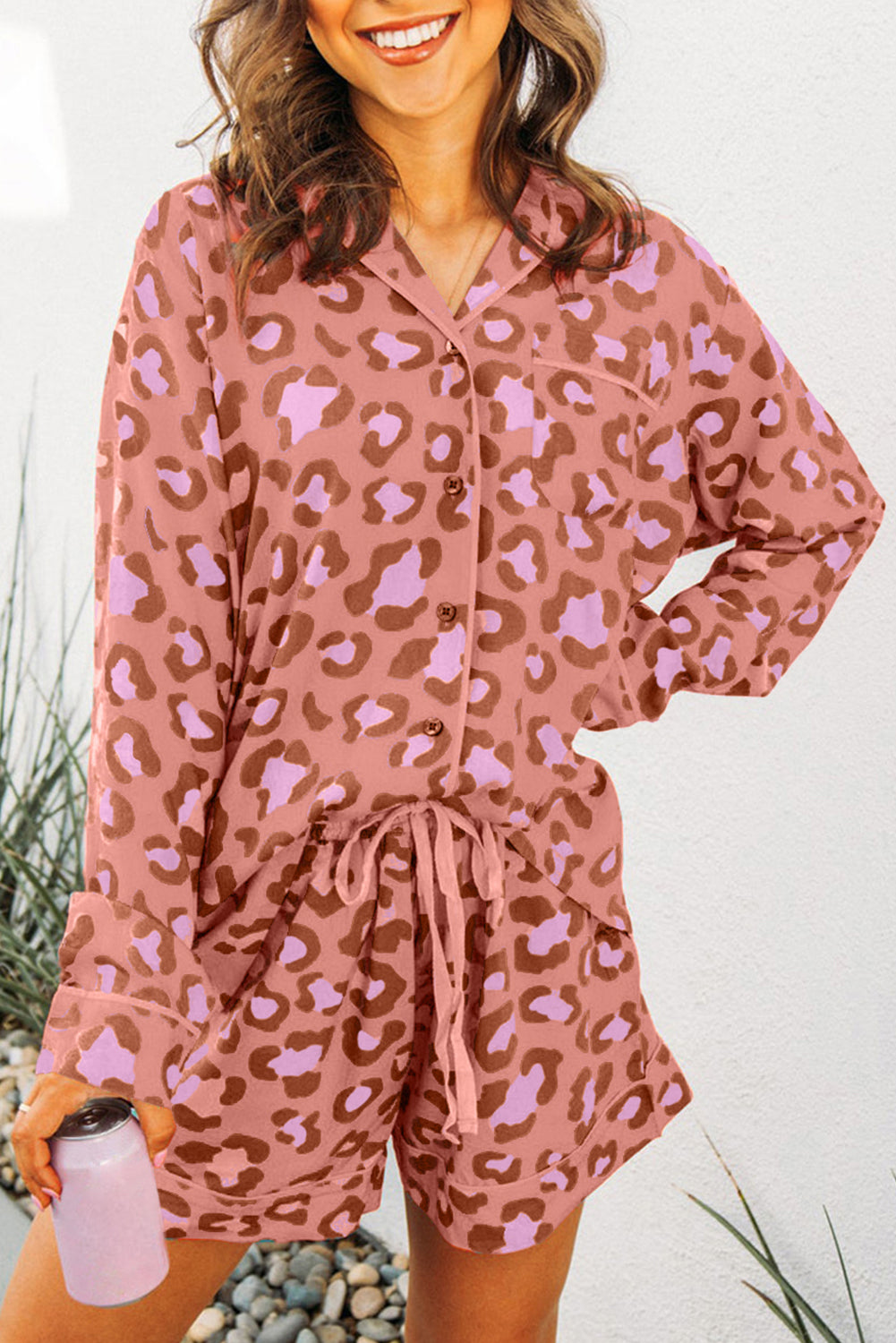 Leopard Print Long Sleeve Shirt and Shorts Pajama Set