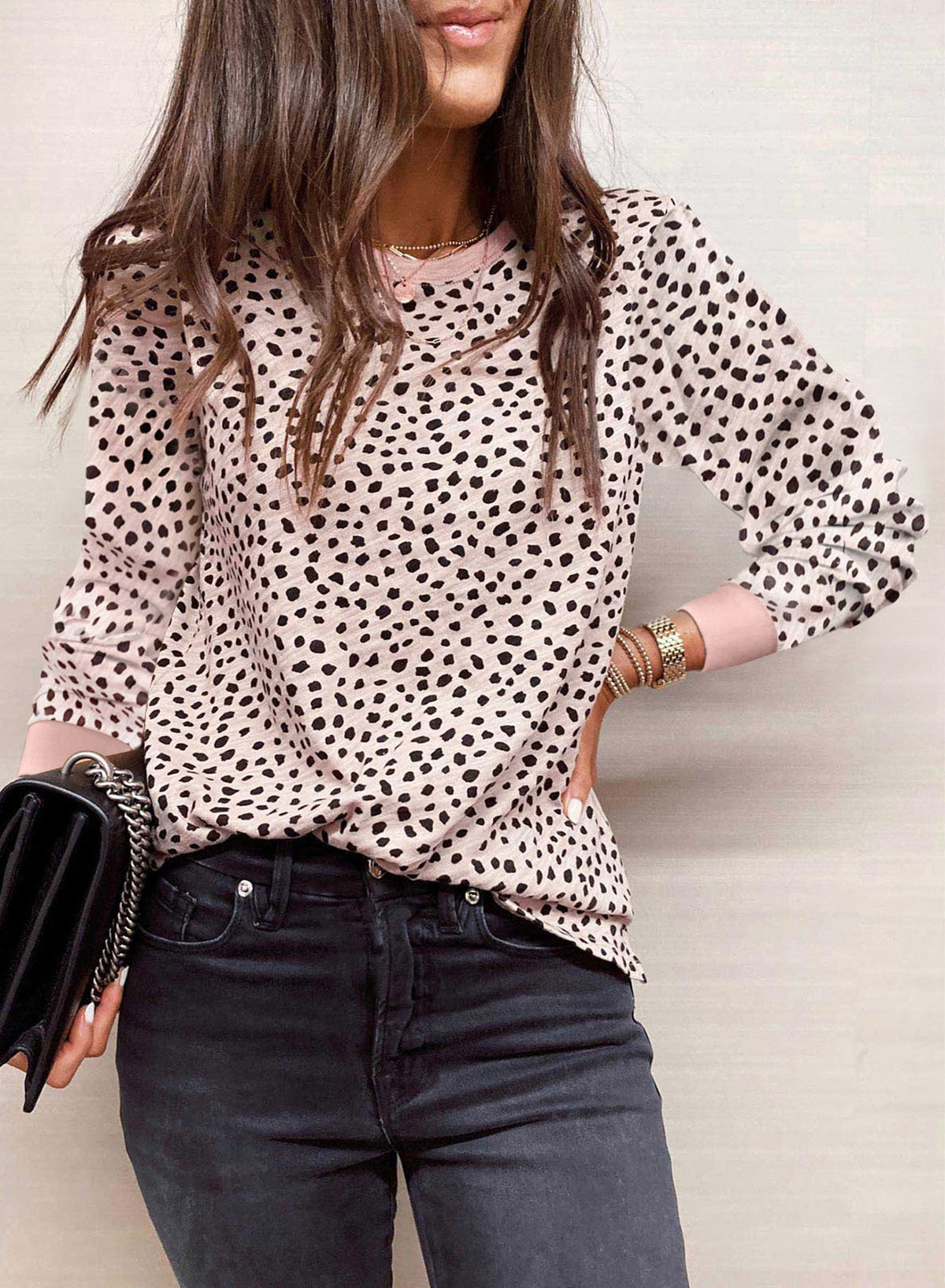 Animal Spotted Print Round Neck Long Sleeve Top
