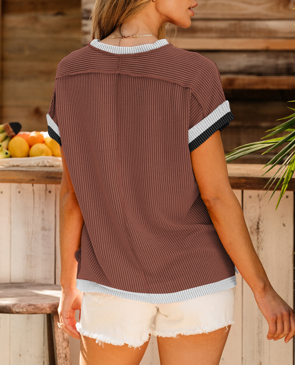 Coffee Textured Contrast Trim Round Neck T Shirt