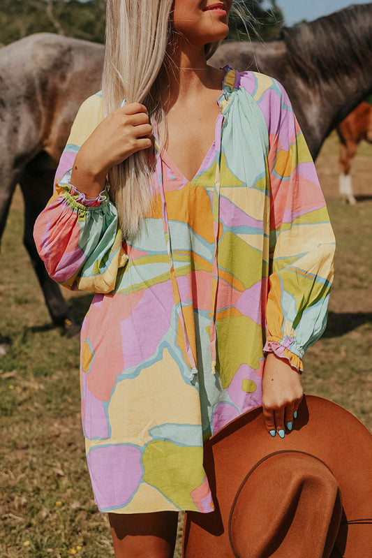 Abstract Print Frill Split Neck Babydoll Mini Dress