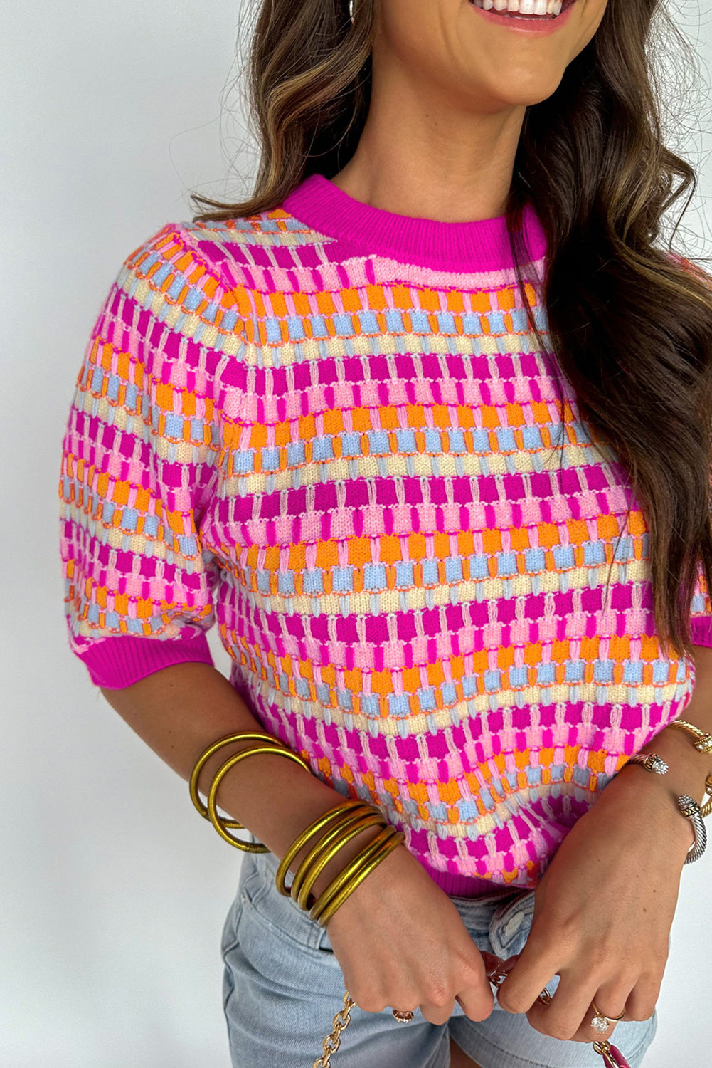 Striped Knitted Short Sleeve Sweater Top