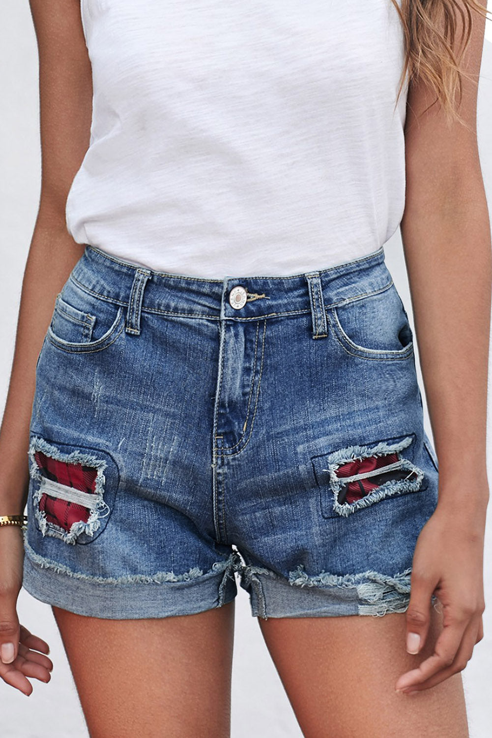 Patchwork Rolled Hem Denim Shorts