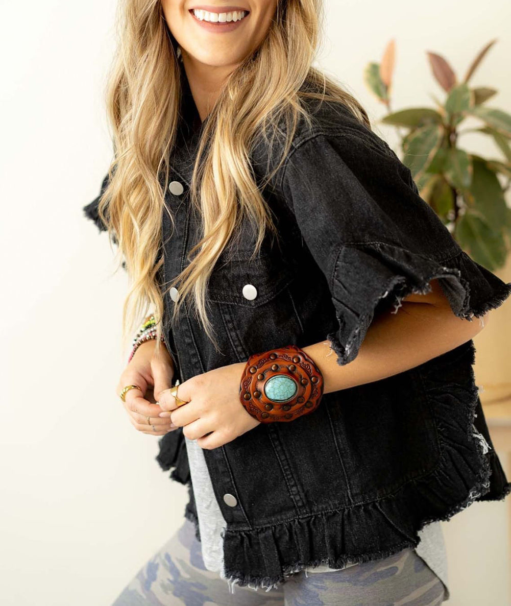 Raw Edge Ruffled Short Sleeve Denim Jacket