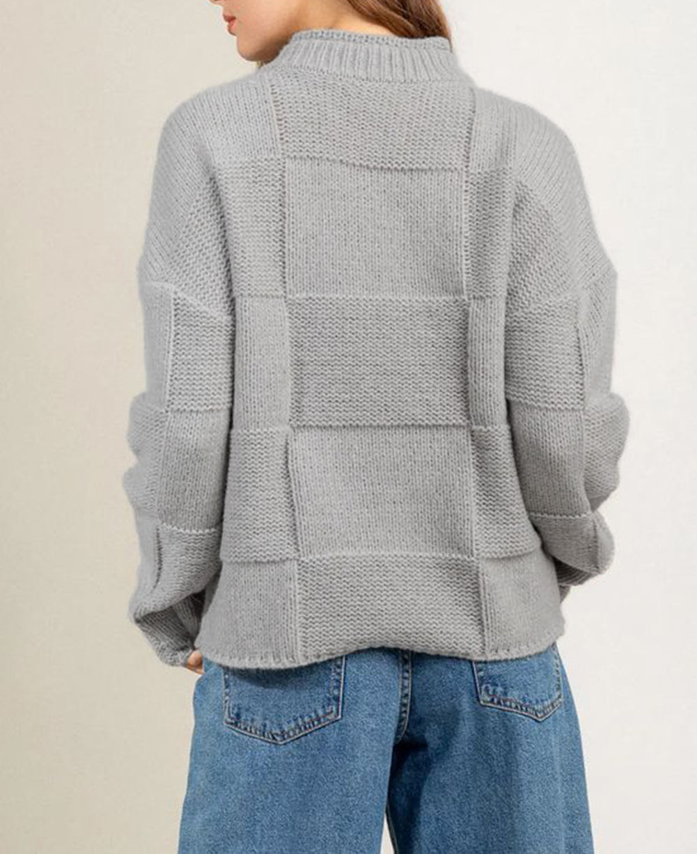 Mock Neck Checkered Textured Sweater