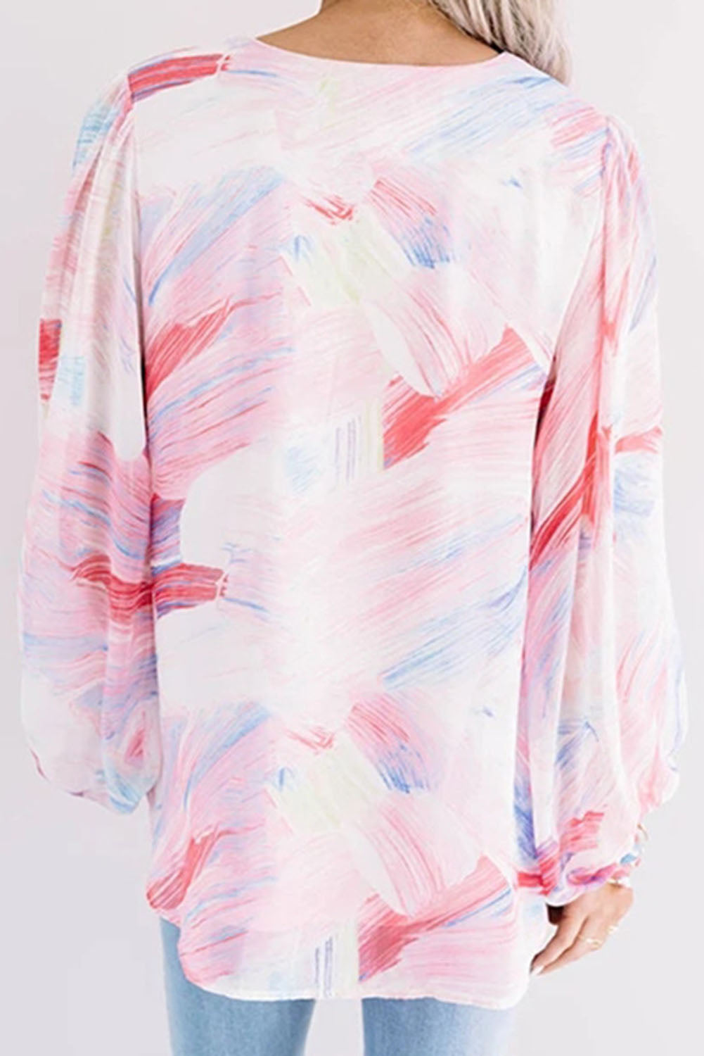Abstract Print Balloon Sleeve V-Neck Blouse