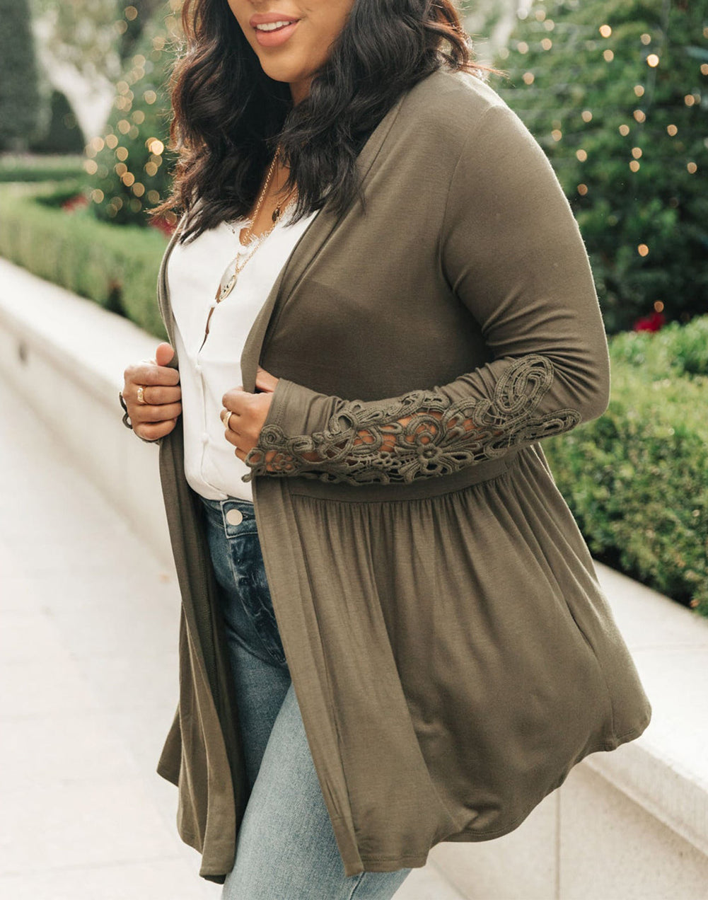 Green Crochet Lace Sleeve Cardigan