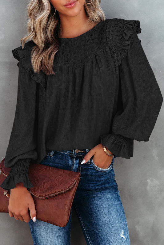 Crinkle Ruffle Trim Keyhole Puff Sleeve Blouse