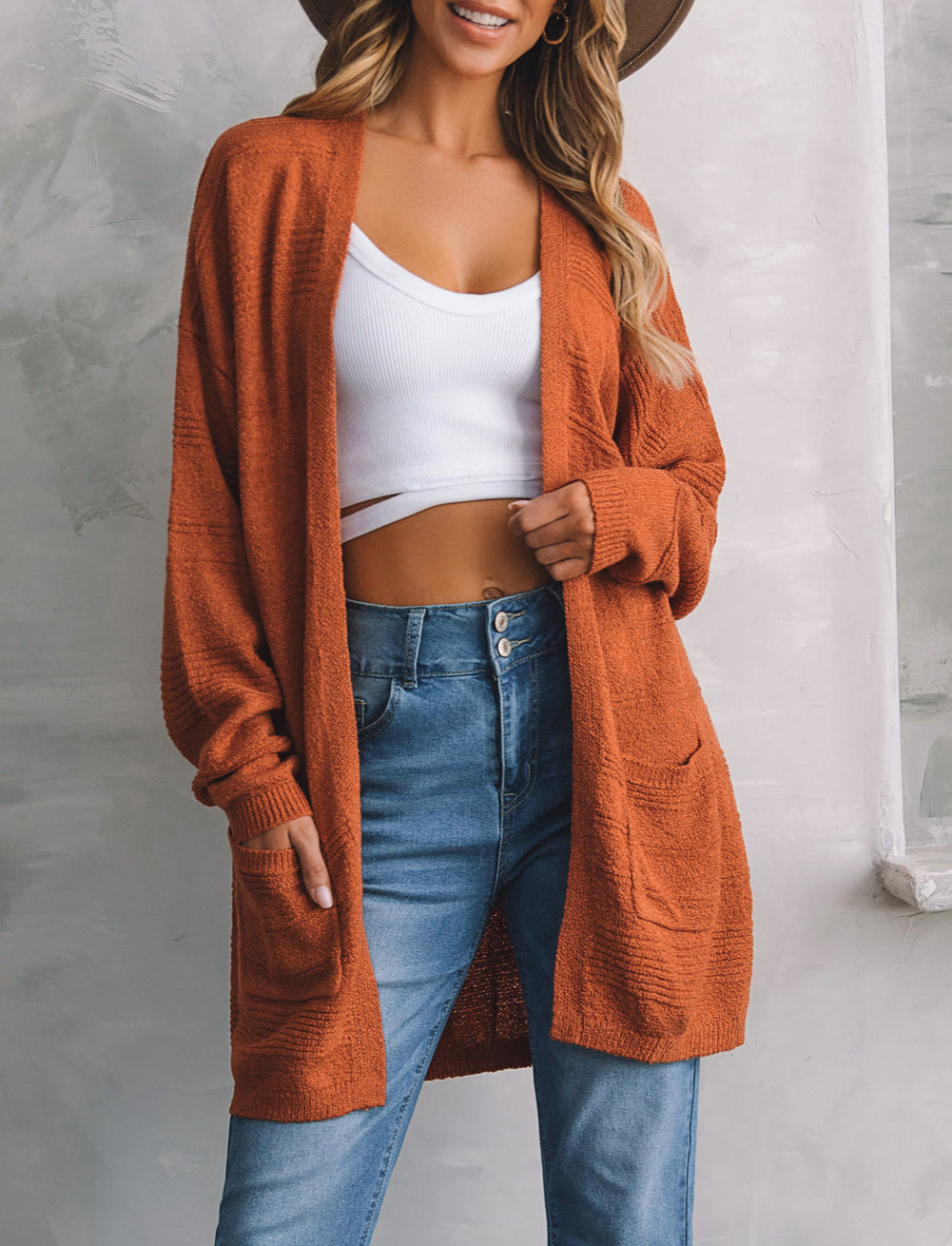 Open Front Textured Knit Cardigan with Pockets