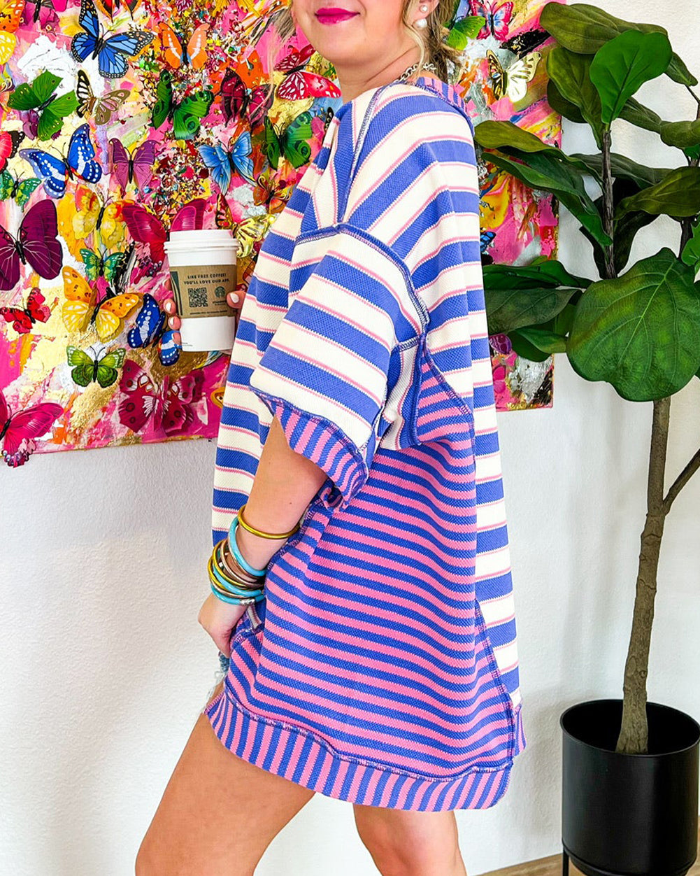 Stripe Patchwork Exposed Seam Drop Shoulder Oversized Top