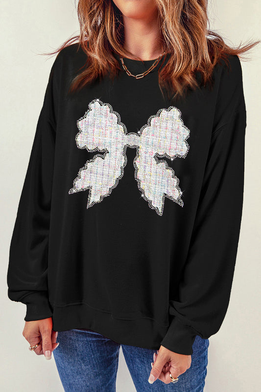 Rhinestone Decor Bowknot Graphic Pullover Sweatshirt