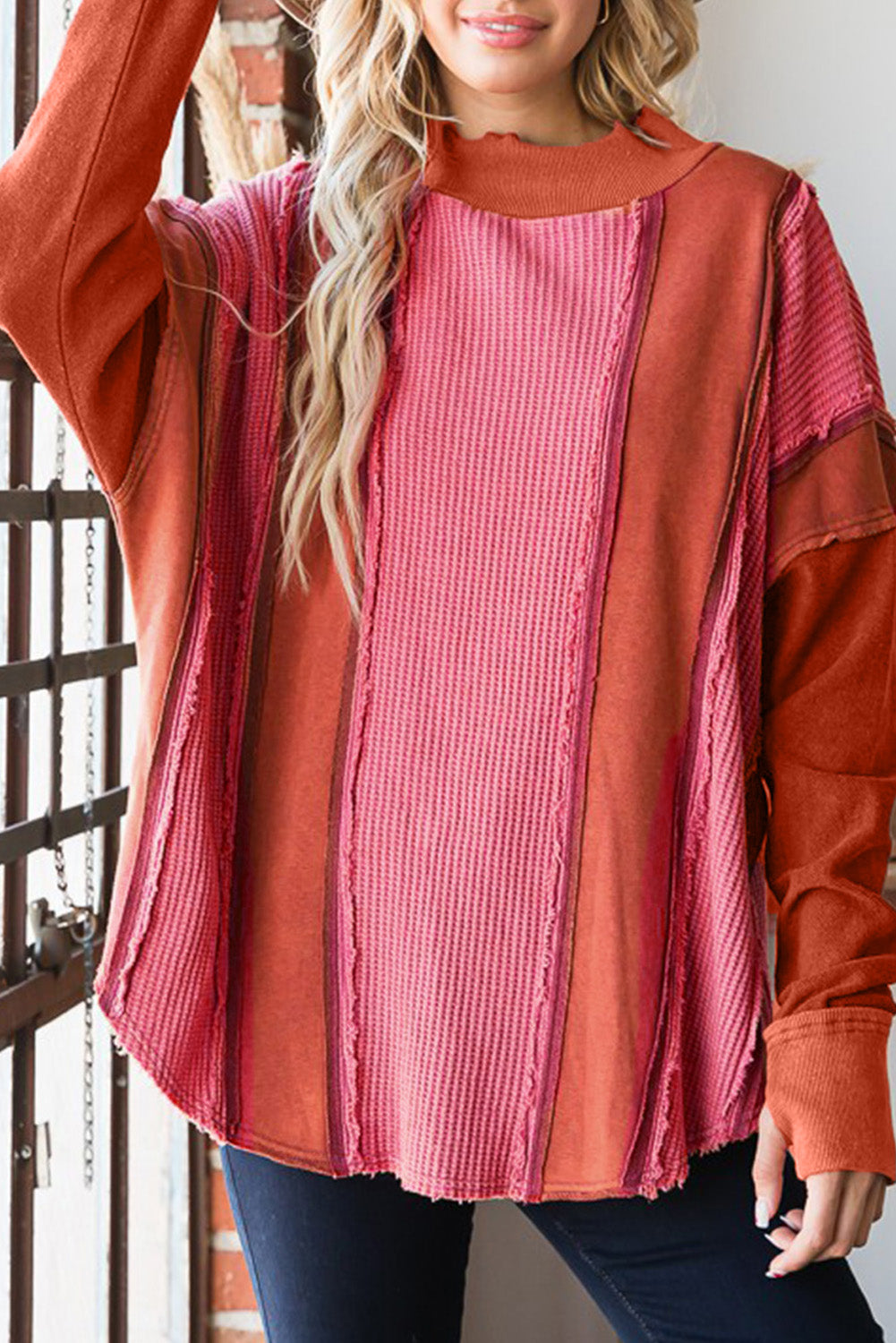 Waffle Knit Ripped Exposed Seam Patchwork Top with Thumbhole