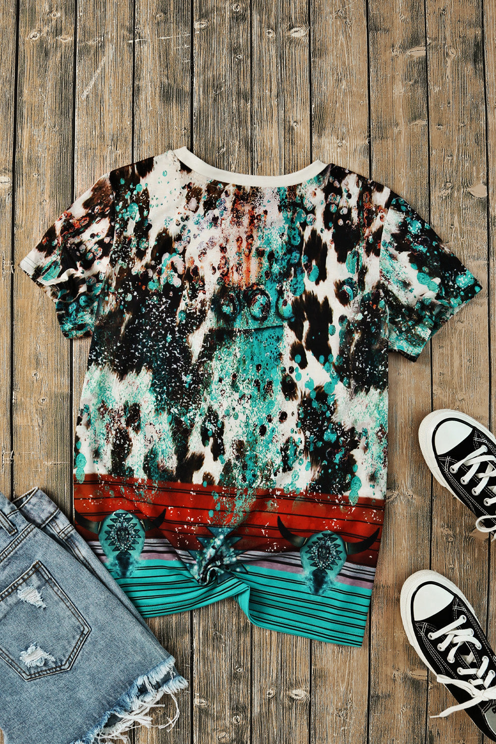 Tie-Dye Bleached Steer Western Print Crew Neck T-shirt