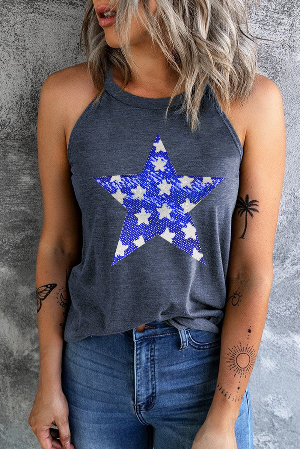 Sequin Star Graphic Shift Tank Top
