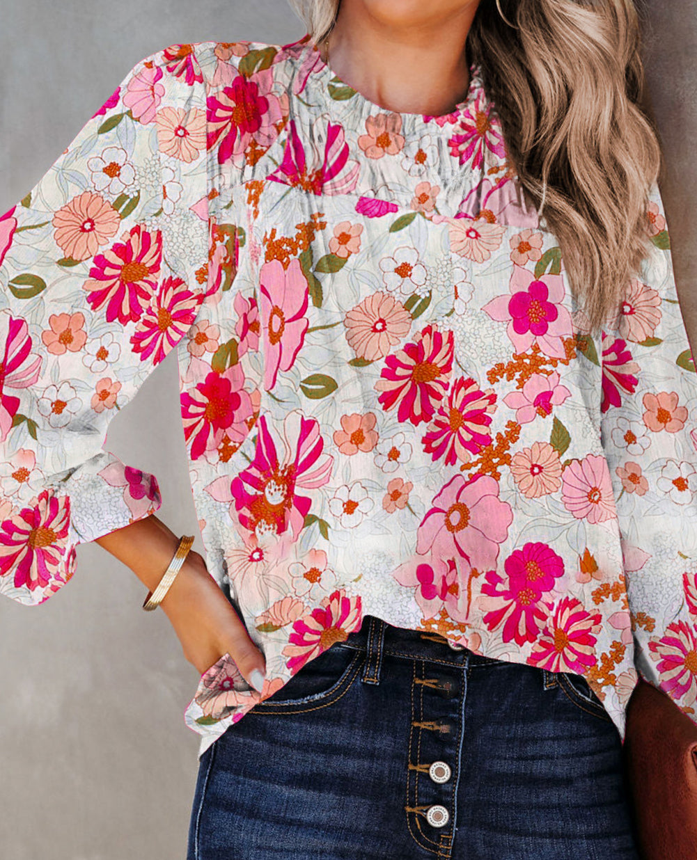 Floral Frilled Neckline Puff Sleeve Blouse