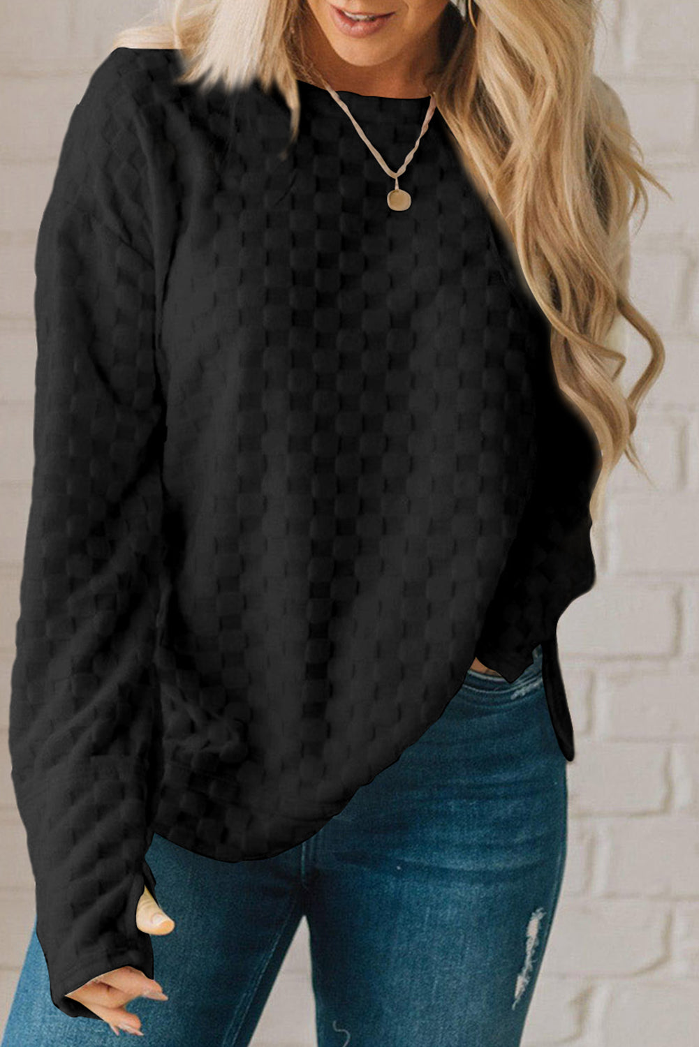 Solid Textured Thumbhole Sleeve Top