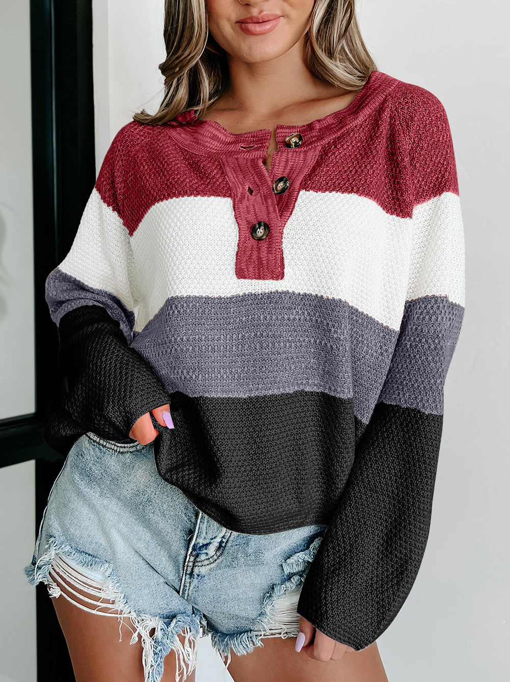 Loose Colorblock Knitted Henley Sweater
